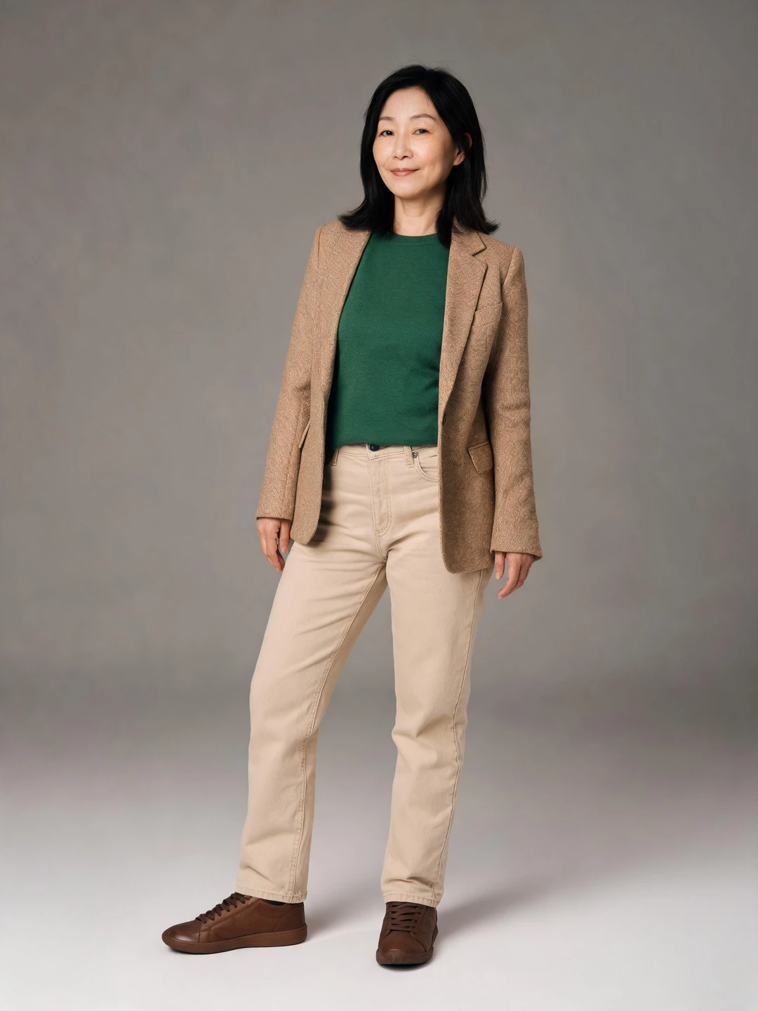 Une inspiration : blazer beige sur un haut vert