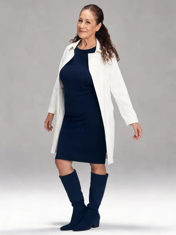 Une personne en robe marine, manteau blanc et bottes